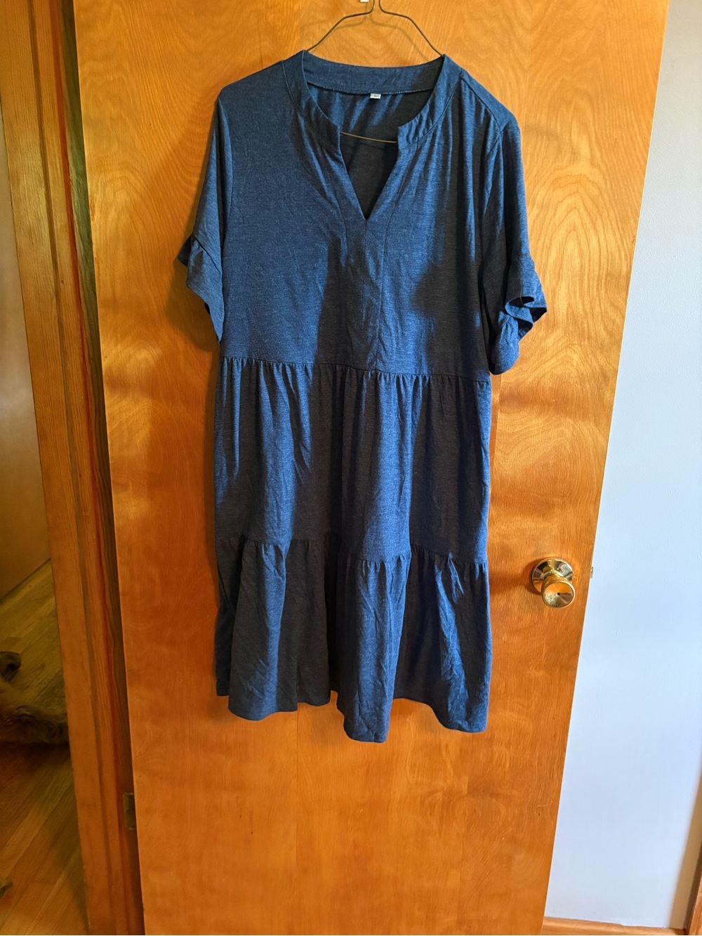 Casual Tiered V-Neck Short Sleeve Dress - Blue (with light heathering)